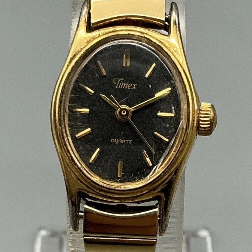 Vintage Timex Womens Watch 17mm Black Dial Gold Tone Stretch Band New Battery